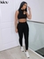 Conjunto de duas peças Kliou sólido com nervuras feminino sexy com decote fals