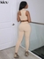 Conjunto de duas peças Kliou sólido com nervuras feminino sexy com decote fals