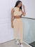 Conjunto de duas peças Kliou sólido com nervuras feminino sexy com decote fals