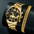 Relógios masculinos de luxo, pulseira de ouro, aço inoxidável, relógio de ca