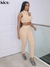 Conjunto de duas peças Kliou sólido com nervuras feminino sexy com decote fals