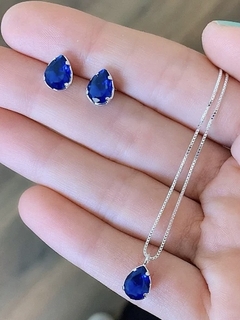 Conjunto Gota Azul Escuro Prata 925