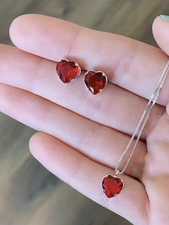 Conjunto Coração Vermelho Prata 925
