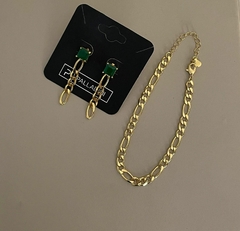 Brinco Pedra Verde com Correntaria Banhado a Ouro - comprar online