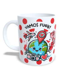 CANECA XÍCARA NAMORADOS VAMOS FUGIR BOLAS VERMELHAS PANDA