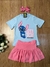 Conjunto Infantil para Meninas – Short Saia Rosa e Blusa Azul Claro com Estampa do Stitch