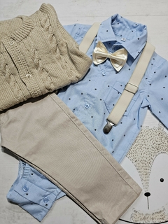 TRAJE DE FIESTA DE BEBE CON ABRIGO CELESTE Y BEIGE