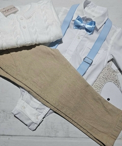 TRAJE DE FIESTA DE BEBE BLANCO Y CELESTE CON ABRIGO