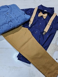 TRAJE DE FIESTA DE BEBE CON ABRIGO DAZUL MARINO Y AVELLANA