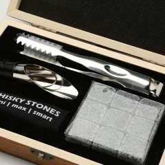 Kit Whisky Box - 9 pedras de Whisky, 1 bolsa de armazenamento, 1 pinça de gelo, 1 rolha de vinho e 1 caixa de presente de madeira