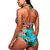 Biquíni azul claro com estampa fundo do mar de estrelas, conchas e folhas verdes de coqueiro – modelo cintura alta hot pants com bojo e aro de sustentação, calcinha totalmente forrada e sem transparência.
