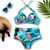 Biquíni azul claro com estampa fundo do mar de estrelas, conchas e folhas verdes de coqueiro – modelo cintura alta hot pants com bojo e aro de sustentação, calcinha totalmente forrada e sem transparência.