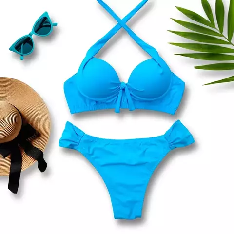 Biquíni Conjunto Azul turquesa com Bojo e Aro de Sustentação Com Calcinha Borboleta Lateral Larga e toda forrada