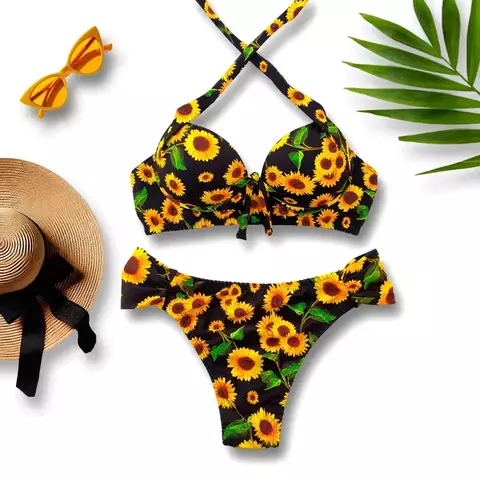 Biquíni Conjunto Girassol com Bojo e Aro de Sustentação – Com Calcinha Borboleta Lateral Drapeada