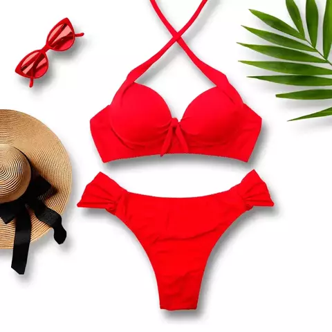 Biquíni Conjunto Vermelho com Bojo e Aro de Sustentação – Com Calcinha Borboleta Lateral Larga