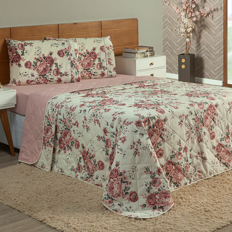 Kit Cobre Leito + Jogo de Lençol Queen 100% Algodão Percal 4 Peças Esmeralda Rosê