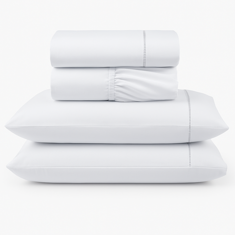 Jogo de lençol casal branco 100% algodão 180 fios com detalhes em ponto palito, composto por lençol de cima, lençol com elástico e duas fronhas