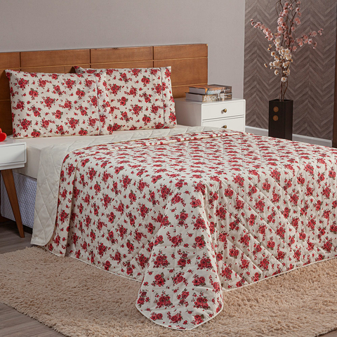 Kit Cobre Leito + Jogo de Lençol Solteiro 100% Algodão Percal 3 Peças Esmeralda Vermelho - comprar online
