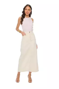 Saia Maxi Midi White Denim Fenda Traseira