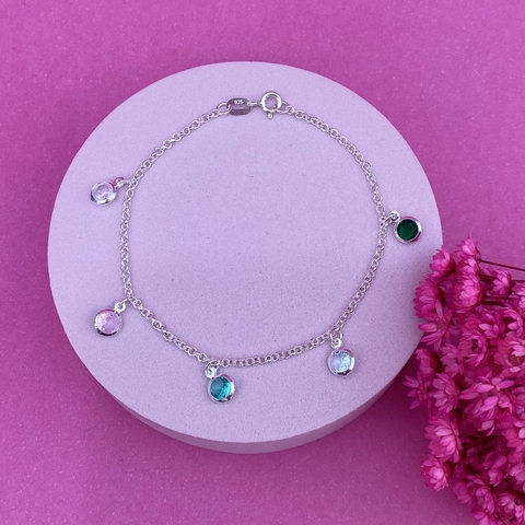 Pulseira Zircônias Redondas Penduradas Coloridas - Prata 925 - comprar online