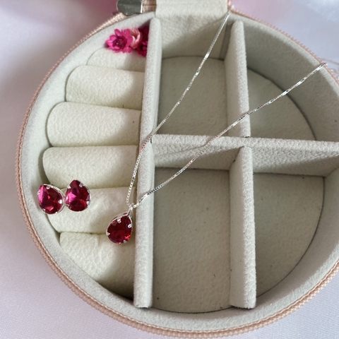 Conjunto Colar e Brinco Gota Zircônia rosa Pink - Prata 925