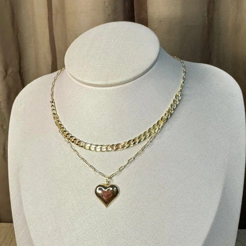 CHOKER DUPLA C PINGENTE CORAÇÃO LISO DOURADO