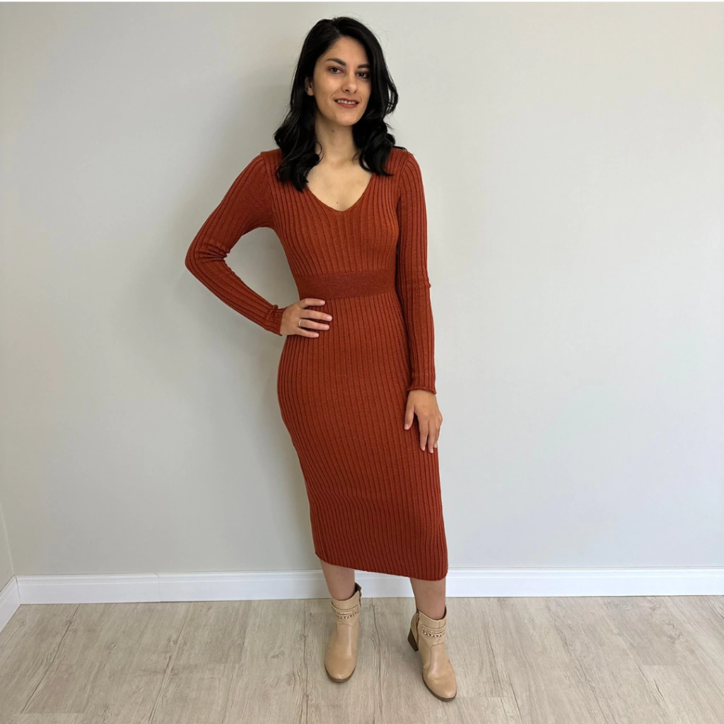 Vestido Tricot Terracota Decote V