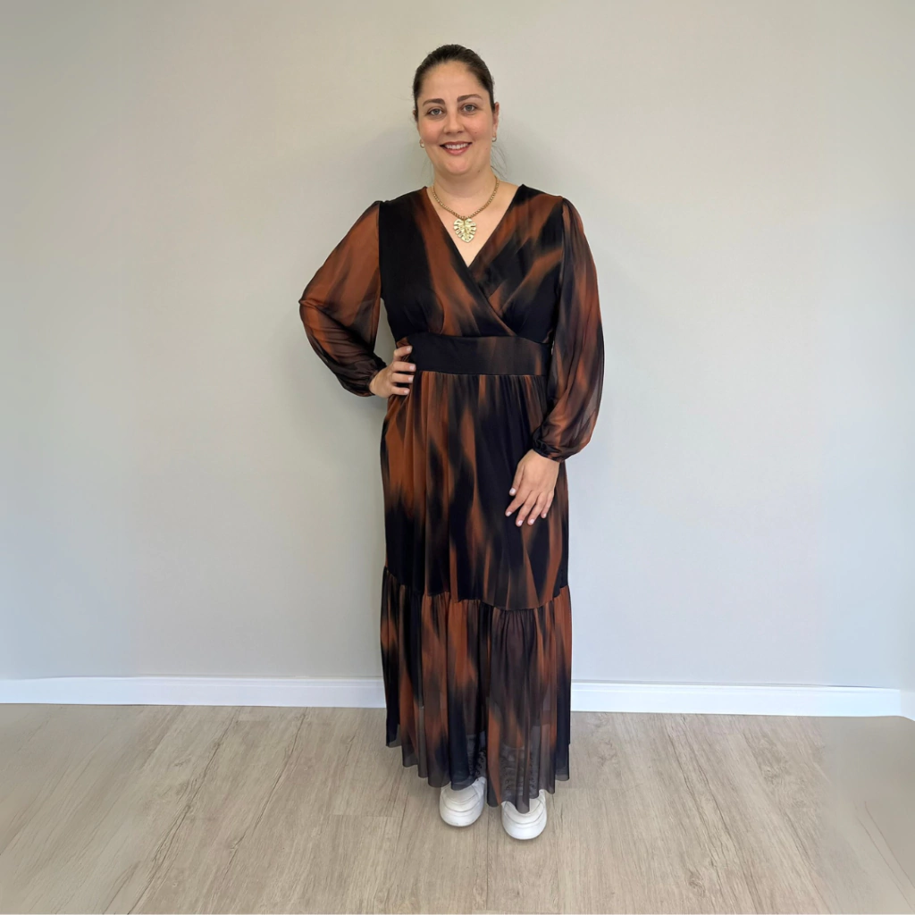 VESTIDO TULE MARROM COM PRETO