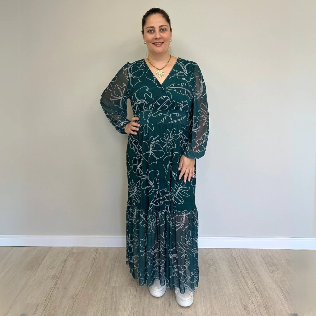 VESTIDO TULE ESTAMPADO VERDE E BRANCO