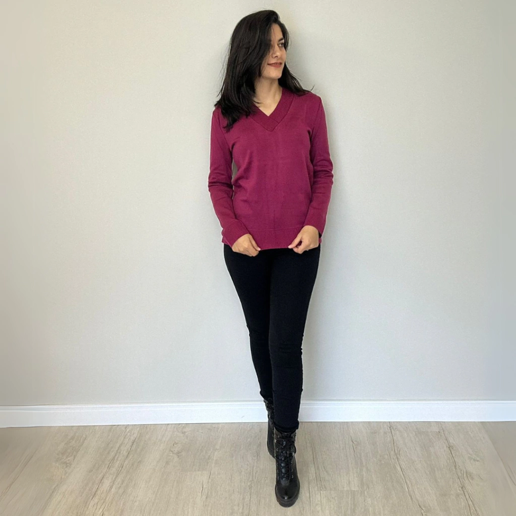 Blusa de Tricot Gola V - Vinho