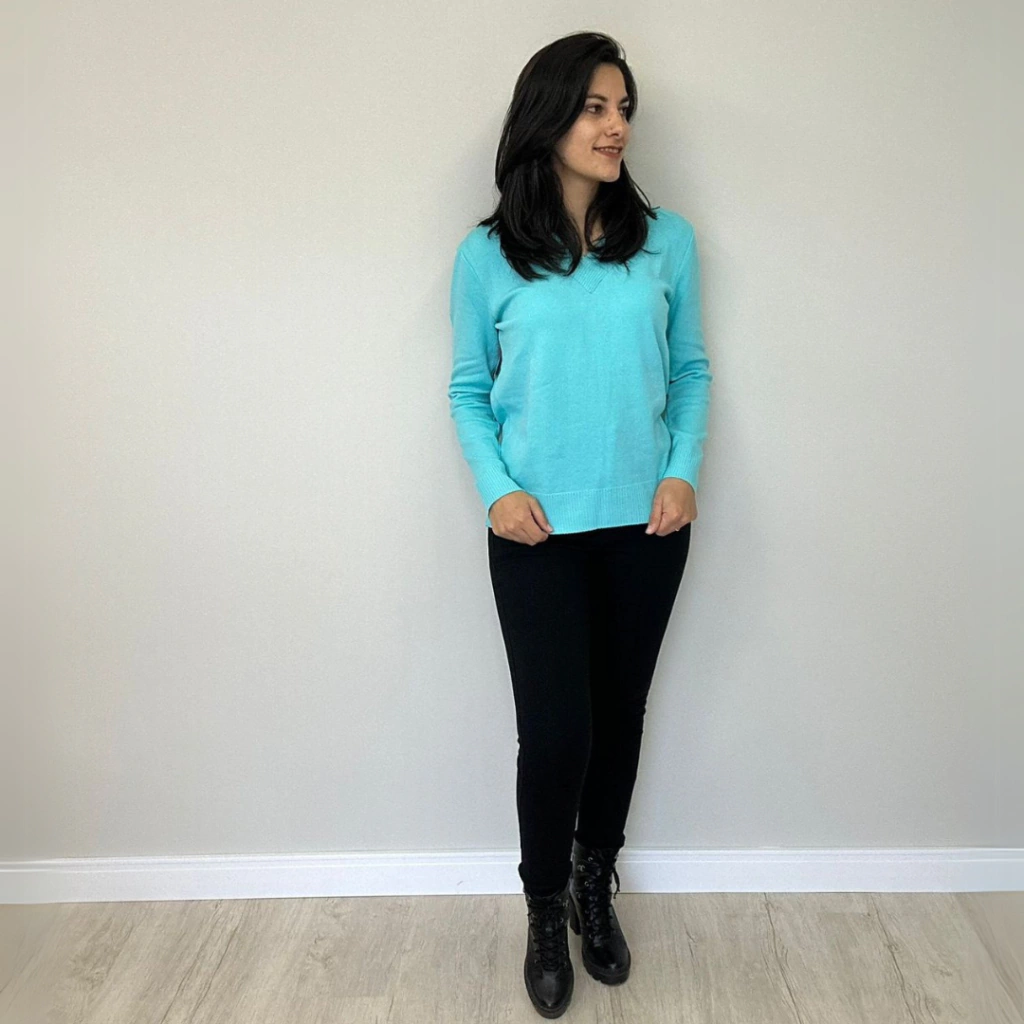 Blusa de Tricot Gola V - Azul Celeste