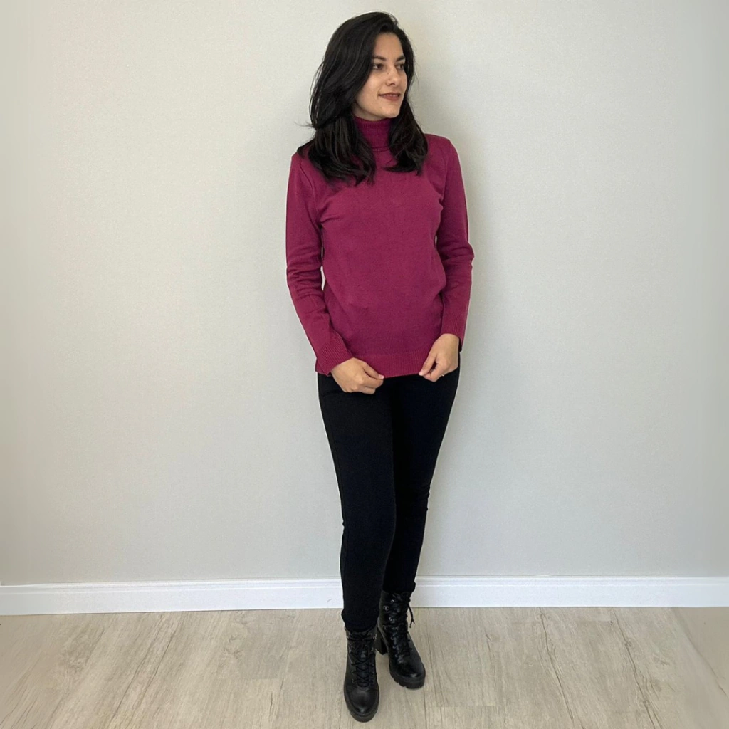 Blusa de Lã Básica Gola Alta - Vinho