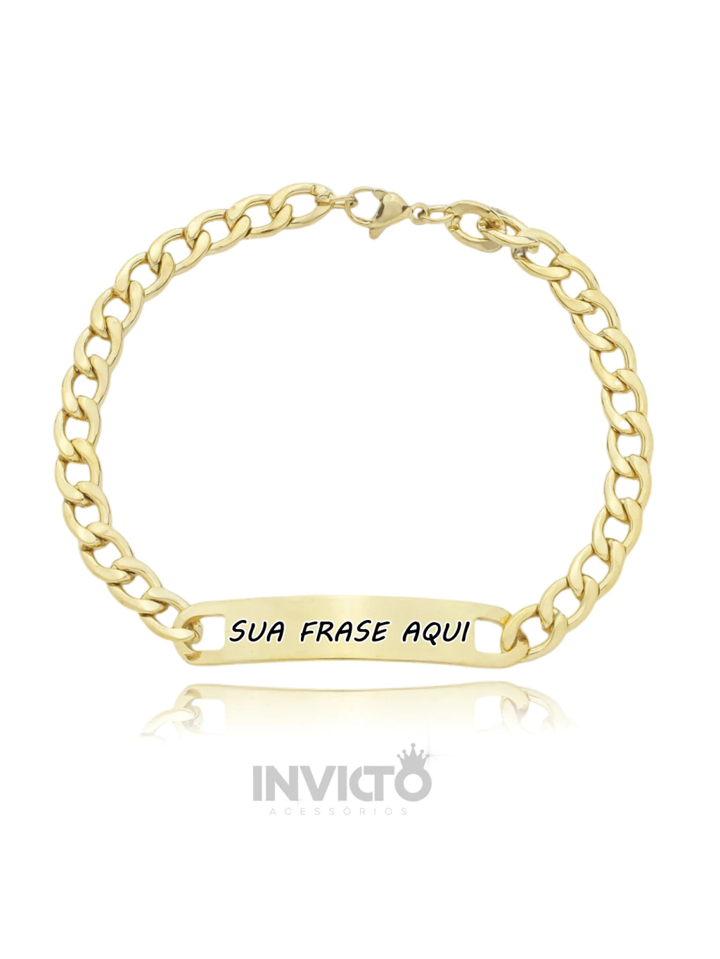 PULSEIRA COM CHAPINHA GRAVADO NOME, TEXTO, FRASE - AÇO INOXIDÁVEL DOURADO