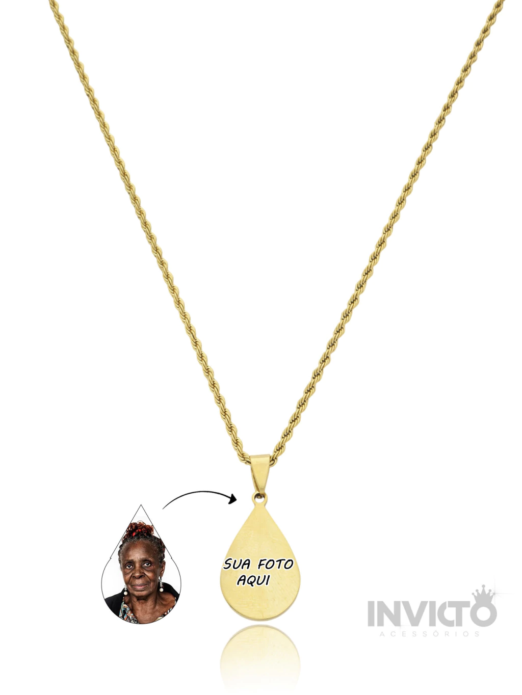 PINGENTE GOTINHA FOTO GRAVADA ACOMPAHANDO DA CORRENTE - AÇO INOXIDÁVEL DOURADO