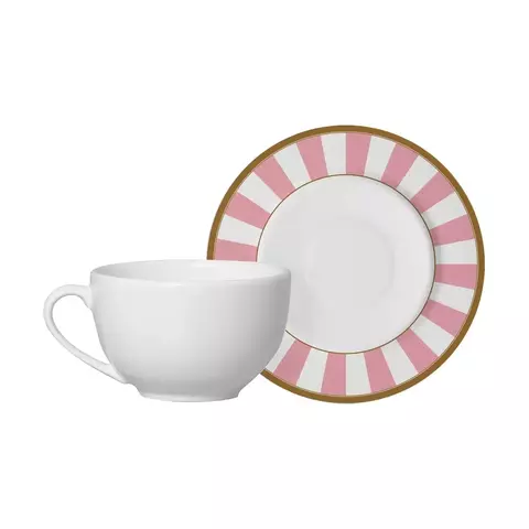Conjunto 6 Xícaras de Chá Strip Rosa e Branco