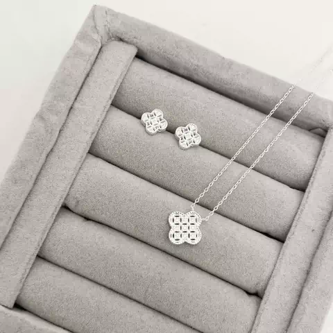 Conjunto Trevo Vazado Cravejado - Prata 925