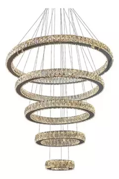 Pendente Cromado Ø30+Ø50+Ø70+Ø90+Ø110cm Cristal Transparente 134w 3000k Cabo 5m