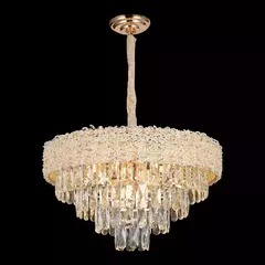 Lustre Pendente Redondo Ø55x36cm Metal e Cristal Dourado e Transparente