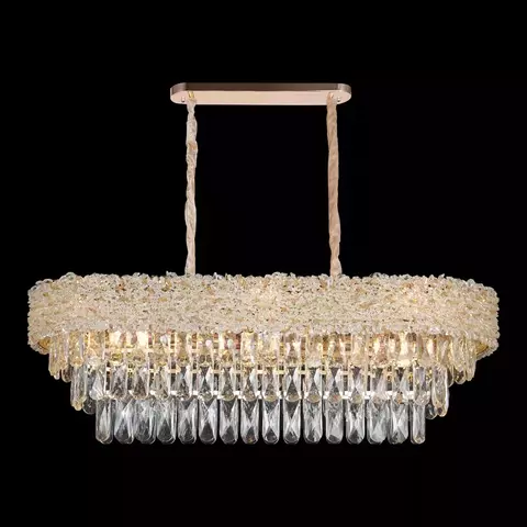 Lustre Pendente Retangular 80x30cm Metal e Cristal Dourado e Transparente