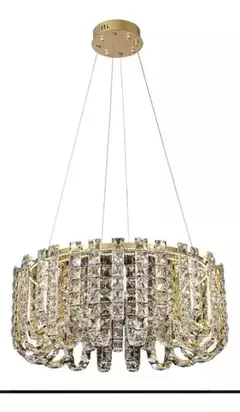 Lustre Pendente LED Redondo 3000K/4000K/6000K Multitemperatura 70W Bivolt Ø58x25cm Inox e Cristal Dourado e Transparente
