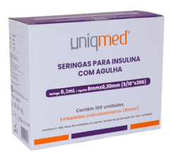 SERINGA P/ INSULINA 0,3 ML COM AGULHA - 8mm - 30G - BLISTER INDIVIDUAL - CX 100 UND.