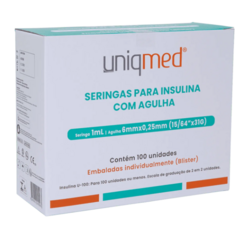 SERINGA P/ INSULINA 1,0 ML COM AGULHA - 6mm - 31G - BLISTER INDIVIDUAL - CX 100 UND.