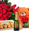 Buquê de rosas, Chandon, Ferrero Rocher e ursinho de pelúcia