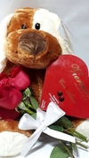 Combo Cachorrinho de pelúcia + 4 Rosas + Bombons 5 unidades