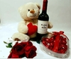 Combo Ursinho + Vinho + Bombons de chocolate + 4 rosas