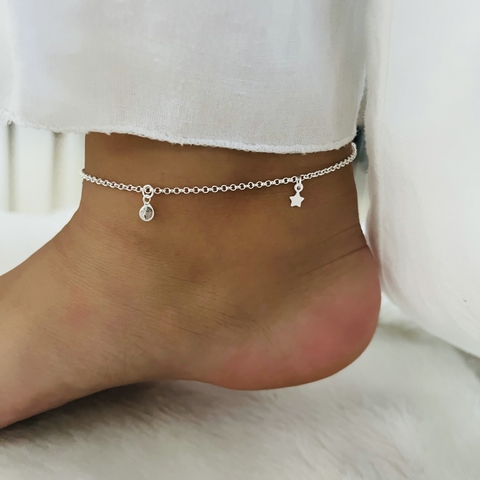 Tornozeleira Estrela & Ponto de Luz Prata 925