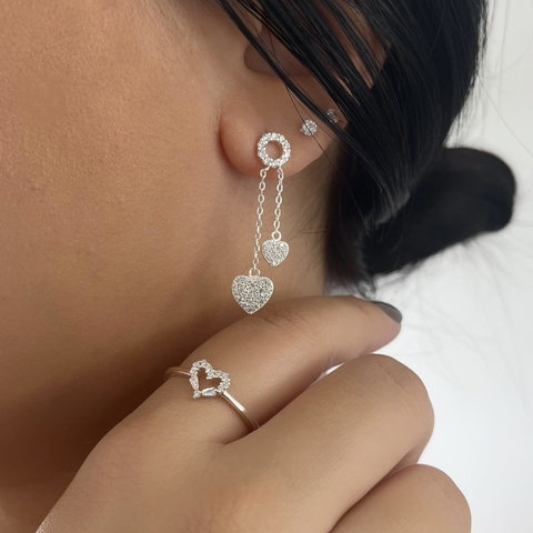 Brinco Círculo e Corações Pendurados Prata 925