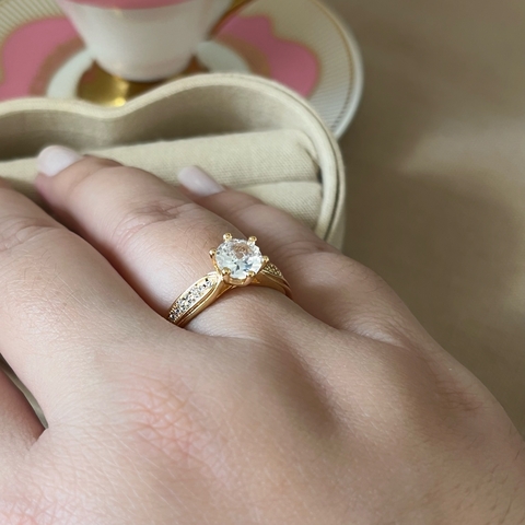 Anel Solitário Cravejado Regulável Banhado a Ouro