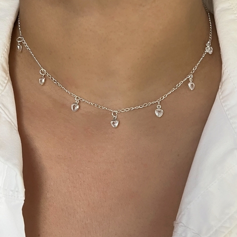 Corrente Choker 7 Zircônias de Coração Prata 925