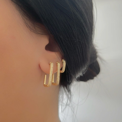 Trio de Meia Argolas Retangulares Banhado a Ouro